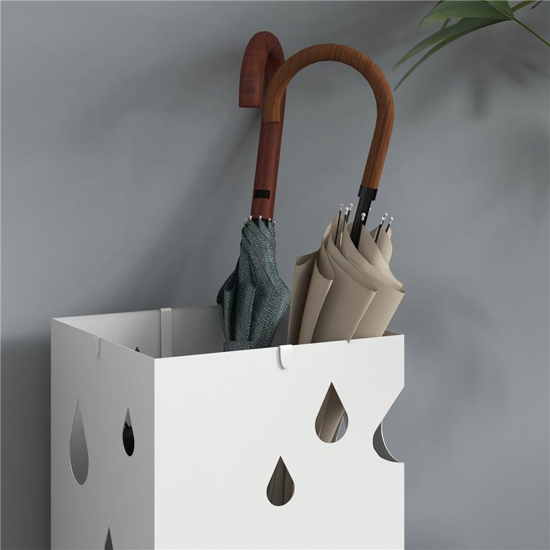 PORTAOMBRELLI IN METALLO CON 4 GANCI E VASCHETTA RACCOGLIGOCCE, 15.5X15.5X41CM, BIANCO