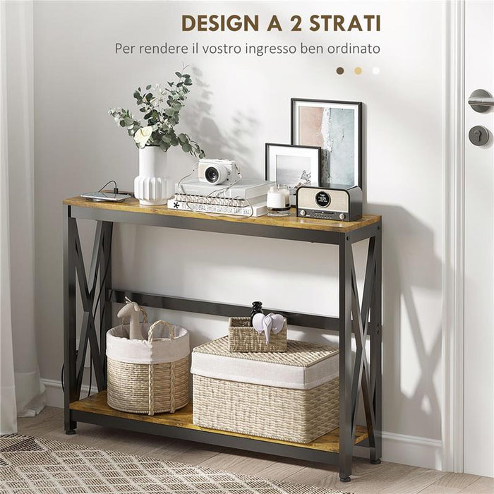 CONSOLLE DA INGRESSO STILE INDUSTRIALE CON PRESE DI CORRENTE E USB, LEGNO E ACCIAIO, 100X24X75CM, MARRONE