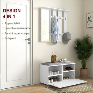 SET MOBILI DA INGRESSO CON APPENDIABITI, SPECCHIO, PANCA CON CUSCINI E SCARPIERA PER 8 PAIA DI SCARPE, BIANCO