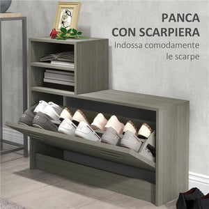 SET MOBILI DA INGRESSO CON APPENDIABITI, SPECCHIO, PANCA CON SCAFFALE E SCARPIERA PER 8 PAIA DI SCARPE, GRIGIO