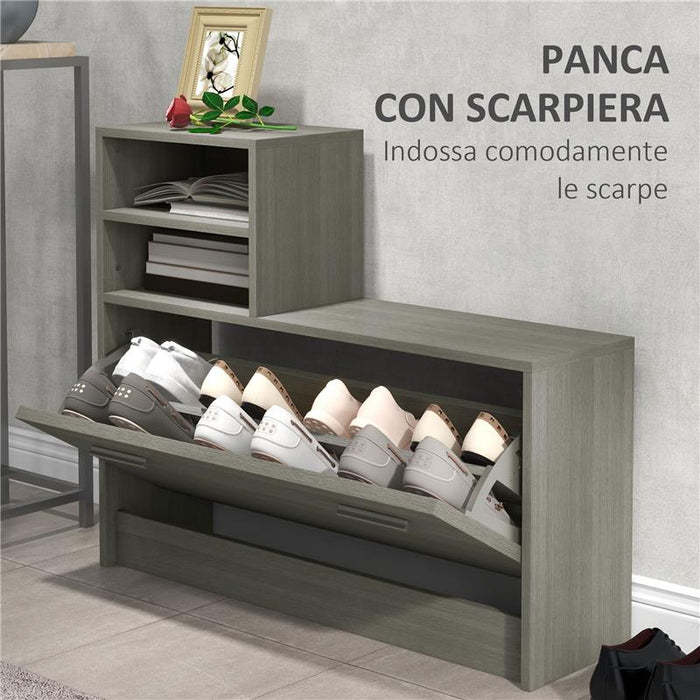 SET MOBILI DA INGRESSO CON APPENDIABITI, SPECCHIO, PANCA CON SCAFFALE E SCARPIERA PER 8 PAIA DI SCARPE, GRIGIO