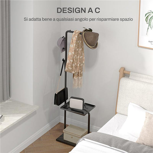 APPENDIABITI DA TERRA A C CON 3 GANCI, BARRA E VASSOIO INFERIORE, BASE IN PIETRA E PIEDINI ANTISCIVOLO, NERO