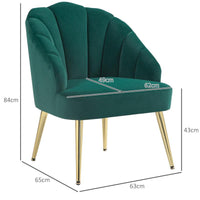 POLTRONCINA DA CAMERA E SALOTTO A CONCHIGLIA STILE ART DECO, IN TESSUTO VELLUTATO E ACCIAIO, 63X65X84 CM, VERDE