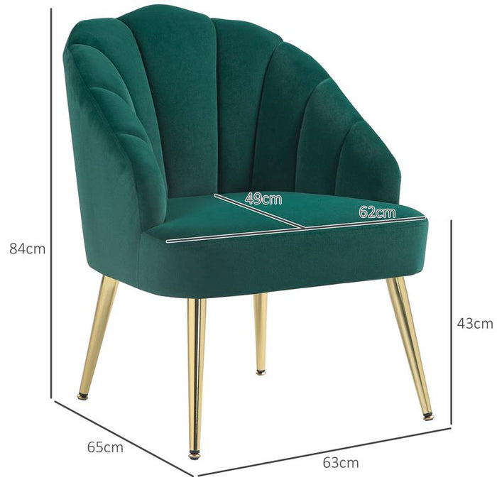 POLTRONCINA DA CAMERA E SALOTTO A CONCHIGLIA STILE ART DECO, IN TESSUTO VELLUTATO E ACCIAIO, 63X65X84 CM, VERDE