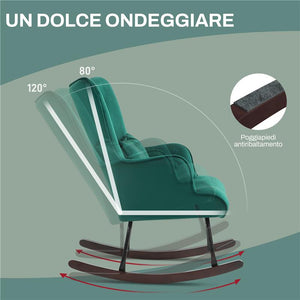 POLTRONA A DONDOLO IN VELLUTO CON SCHIENALE ALTO A BOTTONI, CUSCINO E BRACCIOLI, VERDE