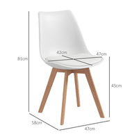 SET 4 SEDIE DA PRANZO STILE NORDICO IN PLASTICA CON GAMBE IN LEGNO E CUSCINO IN FINTA PELLE, BIANCO