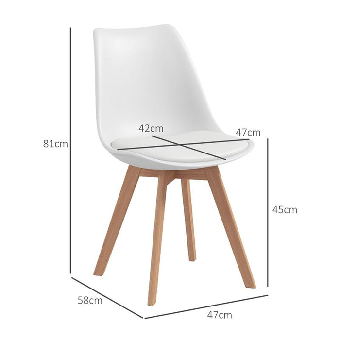 SET 4 SEDIE DA PRANZO STILE NORDICO IN PLASTICA CON GAMBE IN LEGNO E CUSCINO IN FINTA PELLE, BIANCO