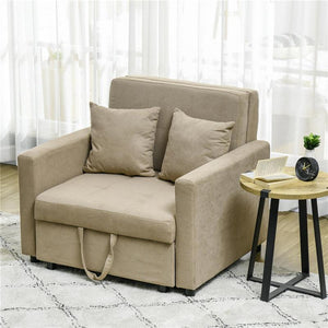 POLTRONA LETTO IN TESSUTO EFFETTO VELLUTO MARRONE CHIARO CON 2 CUSCINI E SPAZIO PORTAOGGETTI, 100X98X88 CM