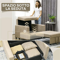 POLTRONA LETTO IN TESSUTO EFFETTO VELLUTO MARRONE CHIARO CON 2 CUSCINI E SPAZIO PORTAOGGETTI, 100X98X88 CM