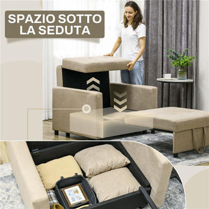 POLTRONA LETTO IN TESSUTO EFFETTO VELLUTO MARRONE CHIARO CON 2 CUSCINI E SPAZIO PORTAOGGETTI, 100X98X88 CM