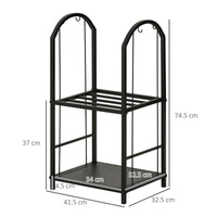 PORTALEGNA A 2 RIPIANI IN METALLO CON PALETTA, SCOPA, ATTIZZATOIO E PINZA, 41.5X32.5X74.5 CM, NERO