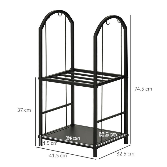 PORTALEGNA A 2 RIPIANI IN METALLO CON PALETTA, SCOPA, ATTIZZATOIO E PINZA, 41.5X32.5X74.5 CM, NERO