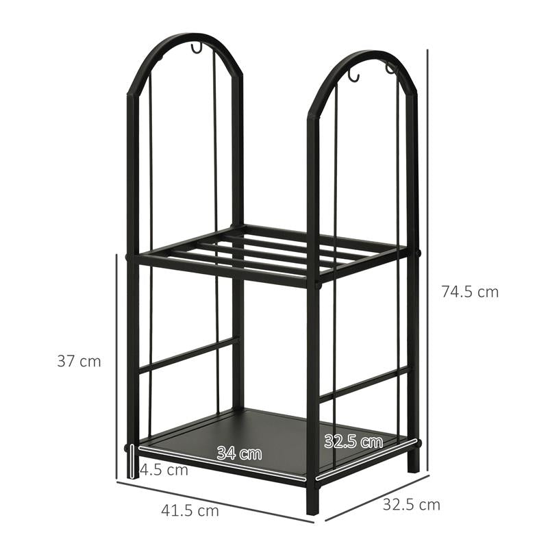 PORTALEGNA A 2 RIPIANI IN METALLO CON PALETTA, SCOPA, ATTIZZATOIO E PINZA, 41.5X32.5X74.5 CM, NERO
