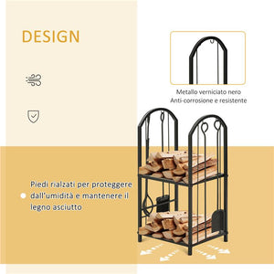 PORTALEGNA A 2 RIPIANI IN METALLO CON PALETTA, SCOPA, ATTIZZATOIO E PINZA, 41.5X32.5X74.5 CM, NERO