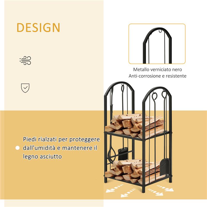 PORTALEGNA A 2 RIPIANI IN METALLO CON PALETTA, SCOPA, ATTIZZATOIO E PINZA, 41.5X32.5X74.5 CM, NERO