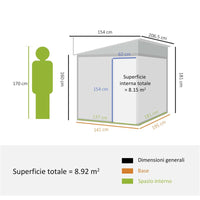 CASETTA PORTA ATTREZZI IN METALLO 1.5X2M CON BASE, PORTA SCORREVOLE E TETTO INCLINATO, BIANCO