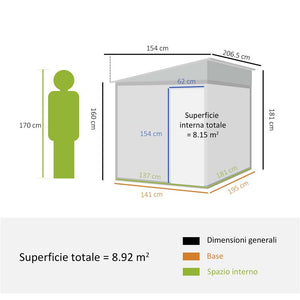 CASETTA PORTA ATTREZZI IN METALLO 1.5X2M CON BASE, PORTA SCORREVOLE E TETTO INCLINATO, BIANCO