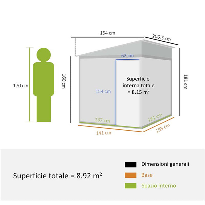 CASETTA PORTA ATTREZZI IN METALLO 1.5X2M CON BASE, PORTA SCORREVOLE E TETTO INCLINATO, BIANCO