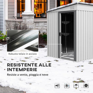 CASETTA PORTA ATTREZZI IN METALLO 1.5X2M CON BASE, PORTA SCORREVOLE E TETTO INCLINATO, BIANCO