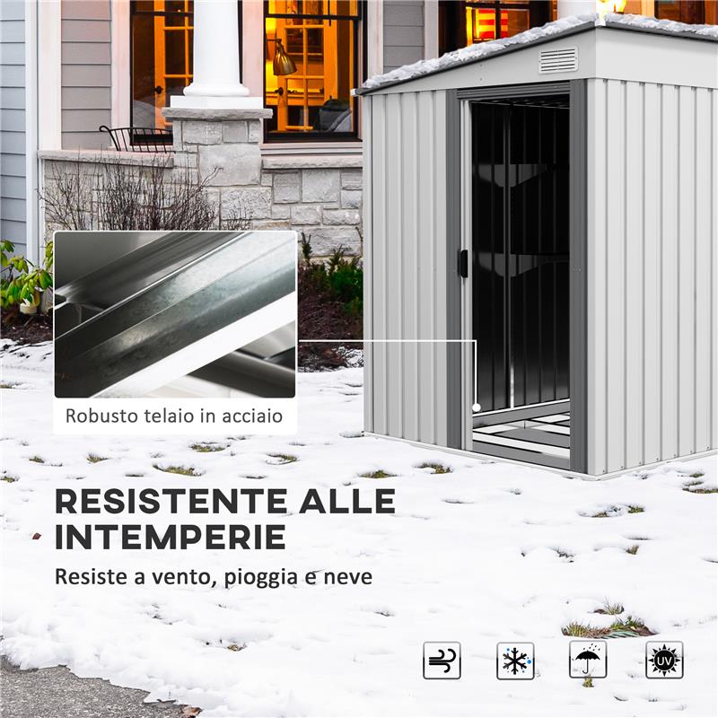 CASETTA PORTA ATTREZZI IN METALLO 1.5X2M CON BASE, PORTA SCORREVOLE E TETTO INCLINATO, BIANCO