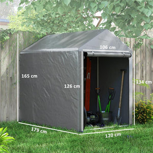CAPANNO ATTREZZI TENDA GARAGE CON COPERTURA ANTI UV E TELAIO IN METALLO, 120X179X165CM, GRIGIO CHIARO