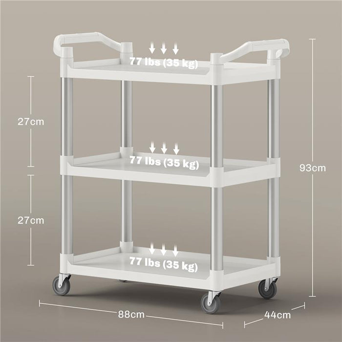 CARRELLO PORTAVIVANDE A 3 LIVELLI IN PP E LEGA DI ALLUMINIO, 88X44X93 CM, BIANCO E ARGENTO