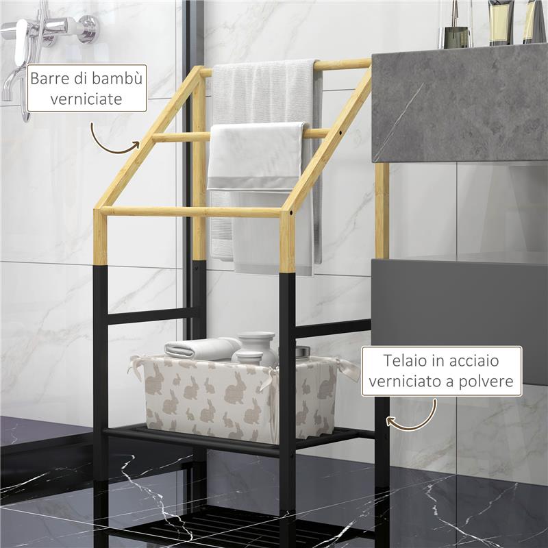 PORTASCIUGAMANI A TERRA CON 3 BARRE E RIPIANO INFERIORE, IN BAMB¨ E ACCIAIO, 51X31X85.5 CM, NERO E COLOR LEGNO