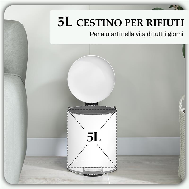 BIDONE IMMONDIZIA A PEDALE DA 5L CON COPERCHIO A CHIUSURA MORBIDA, IN METALLO E PP, 26.5X21X28 CM, CREMA
