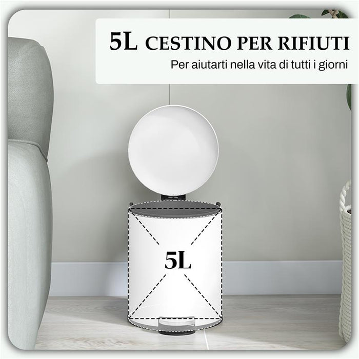 BIDONE IMMONDIZIA A PEDALE DA 5L CON COPERCHIO A CHIUSURA MORBIDA, IN METALLO E PP, 26.5X21X28 CM, CREMA