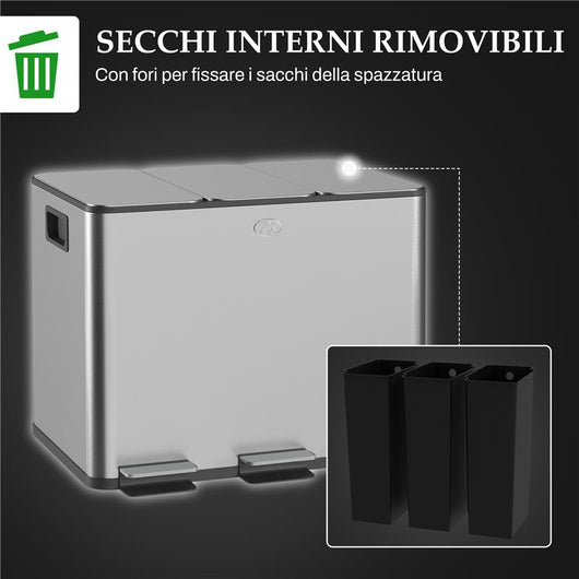 BIDONE IMMONDIZIA A 3 SEZIONI DA 20L CON CHIUSURA SILENZIOSA, IN ACCIAIO INOX E PP, 61.9X36.6X56.7 CM