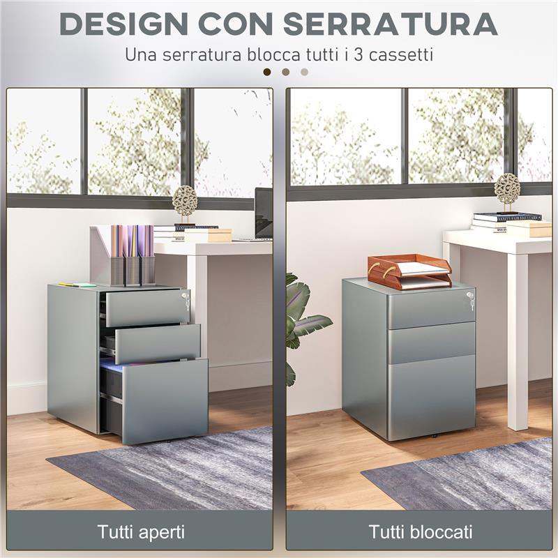CASSETTIERA DA UFFICIO 3 CASSETTI IN ACCIAIO CON SERRATURA E ROTELLE, 39X48X59CM, GRIGIO
