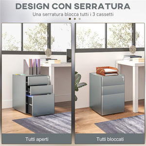 CASSETTIERA DA UFFICIO 3 CASSETTI IN ACCIAIO CON SERRATURA E ROTELLE, 39X48X59CM, GRIGIO