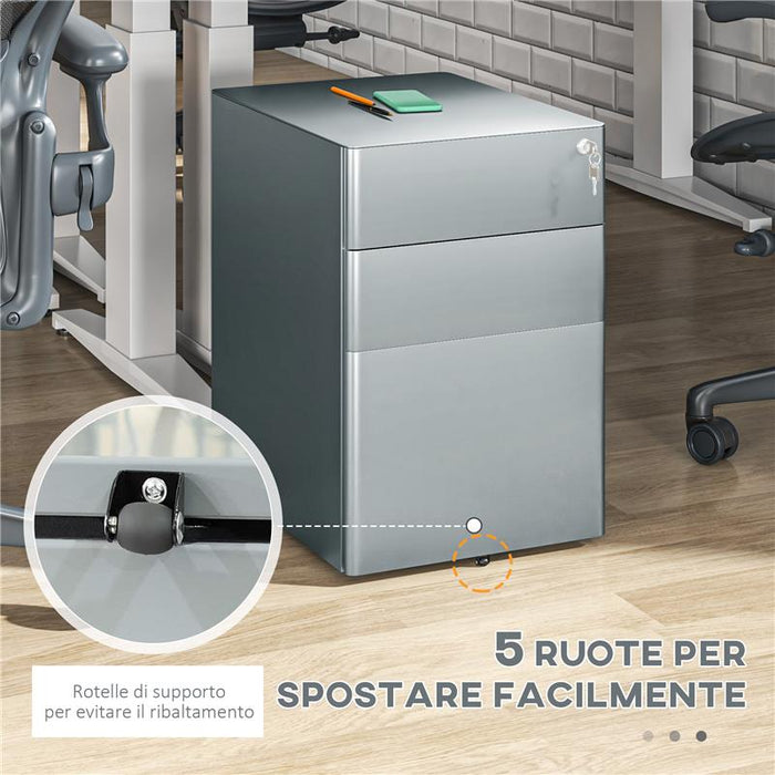 CASSETTIERA DA UFFICIO 3 CASSETTI IN ACCIAIO CON SERRATURA E ROTELLE, 39X48X59CM, GRIGIO