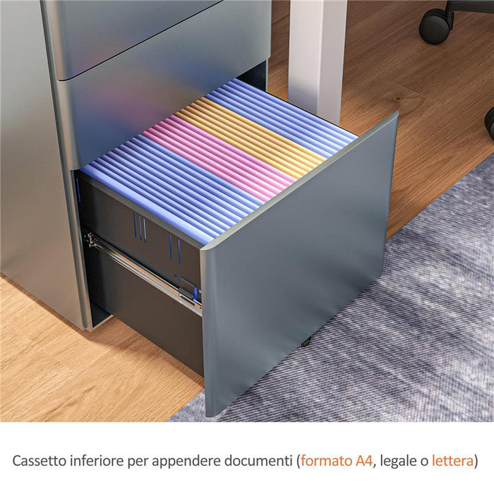 CASSETTIERA DA UFFICIO 3 CASSETTI IN ACCIAIO CON SERRATURA E ROTELLE, 39X48X59CM, GRIGIO
