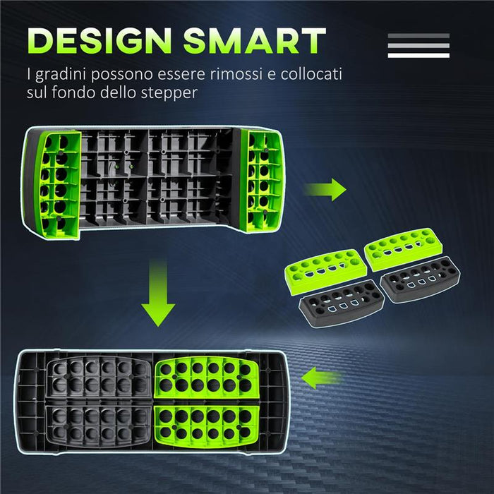 STEP FITNESS PER AEROBICA REGOLABILE SU 3 ALTEZZE 10-15-20 CM IN PLASTICA, VERDE E GRIGIO