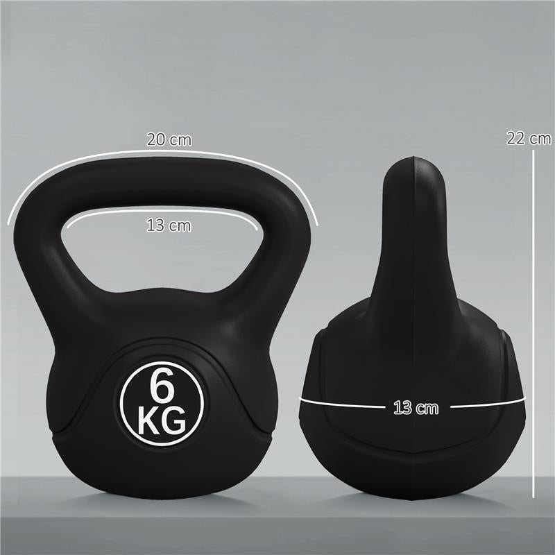 KETTLEBELL 6KG IN PLASTICA E SABBIA CON BASE PIATTA E IMPUGNATURA, 20X13X22 CM, NERO