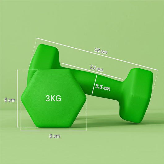 SET 2 MANUBRI 3 KG ESAGONALI E ANTISCIVOLO PER CASA E PALESTRA, IN METALLO E PLASTICA, 18X8X8 CM, VERDE