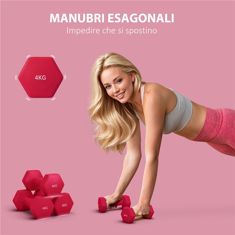 SET 2 MANUBRI ESAGONALI DA 2X4 KG IN METALLO E PLASTICA CON IMPUGNATURA ANTISCIVOLO, 19X9X9 CM, ROSSO