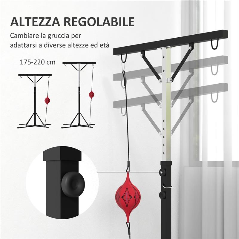 SUPPORTO SACCO BOXE AD ALTEZZA REGOLABILE CON 6 BARRE DI RINFORZO IN ACCIAIO, 160X145X175-220 CM, NERO