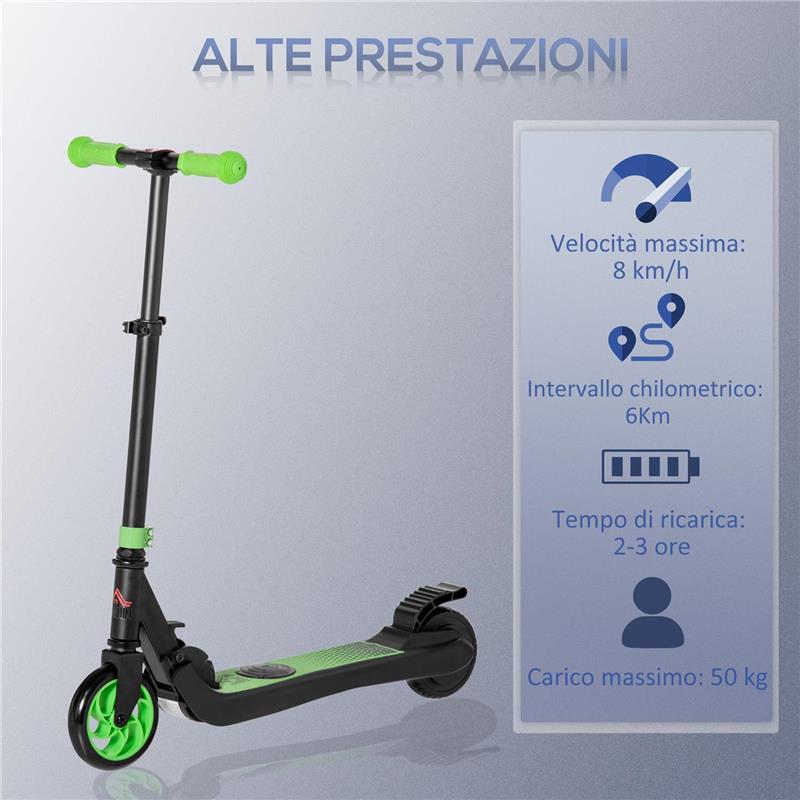 MONOPATTINO ELETTRICO PIEGHEVOLE PER BAMBINI 6+ ANNI AD ALTEZZA REGOLABILE, 71X36.5X75-80 CM, NERO E VERDE
