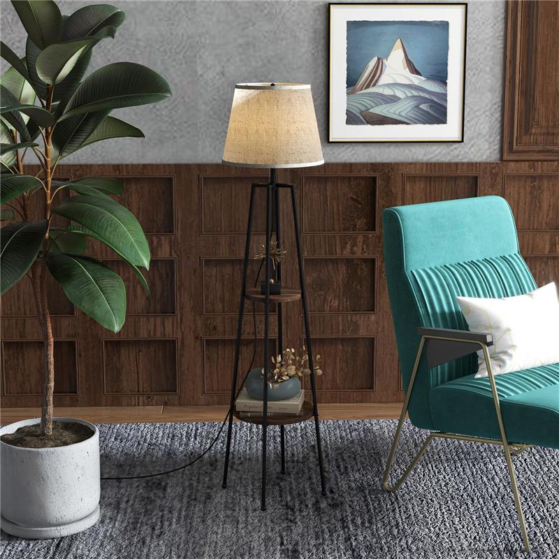 LAMPADA DA TERRA A 2 RIPIANI IN METALLO E MDF CON PARALUME IN TESSUTO, Ï42X166 CM, NERO E MARRONE