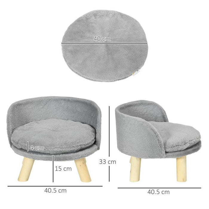 DIVANO PER CANI ROTONDO IN TESSUTO DI PELUCHE E LEGNO CON CUSCINO EXTRA, Ï40.5X33 CM, GRIGIO E COLOR LEGNO
