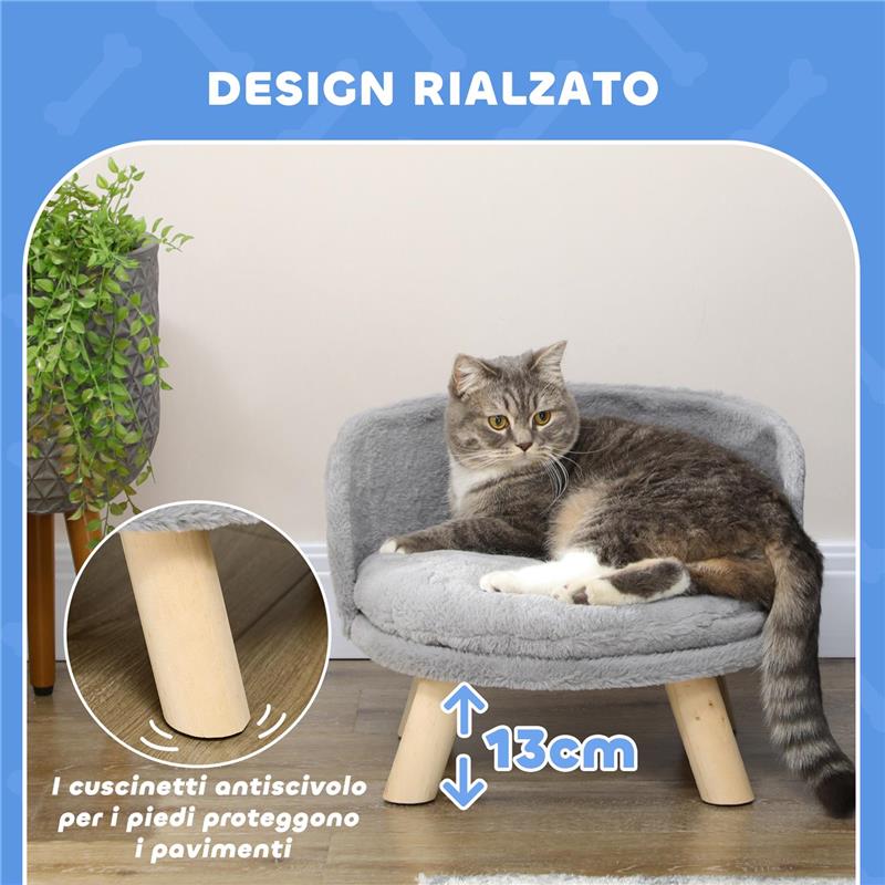 DIVANO PER CANI ROTONDO IN TESSUTO DI PELUCHE E LEGNO CON CUSCINO EXTRA, Ï40.5X33 CM, GRIGIO E COLOR LEGNO