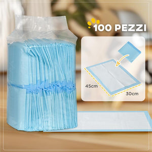 SET 100 TAPPETINI IGIENICI PER CANI A 6 STRATI IN TESSUTO NON TESSUTO, CARTA E PE, 45X30 CM, BLU E BIANCO