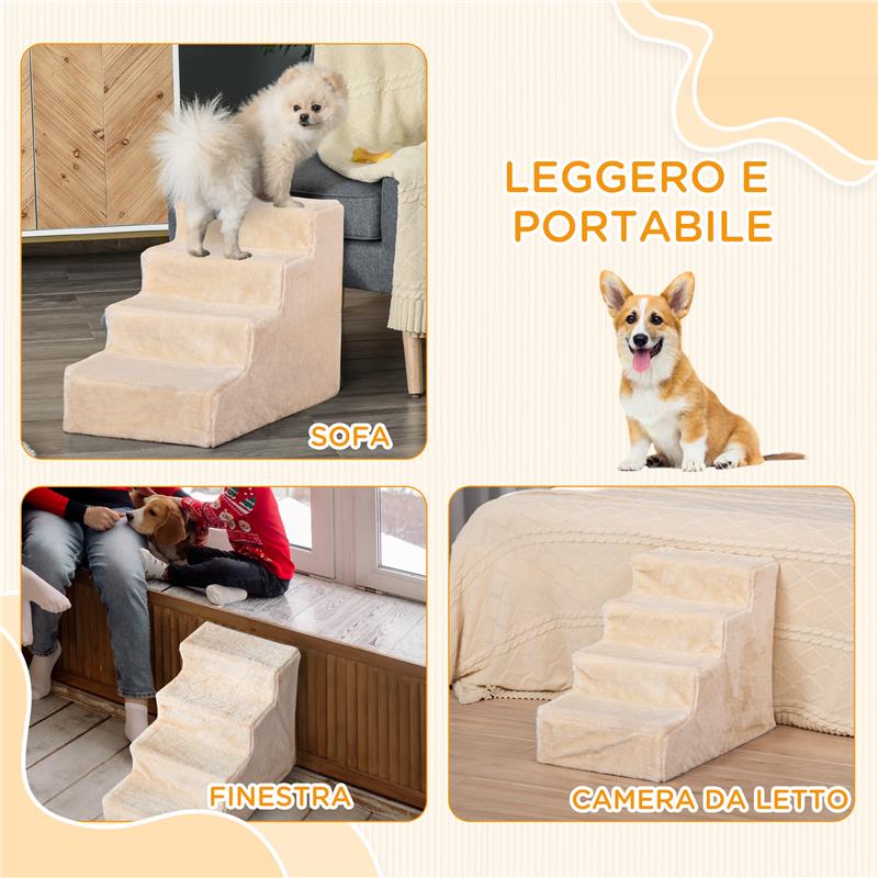 SCALETTA PER CANI PORTATILE A 4 GRADINI, IN FLANELLA SFODERABILE E TRUCIOLATO, 60X35X44 CM, BEIGE