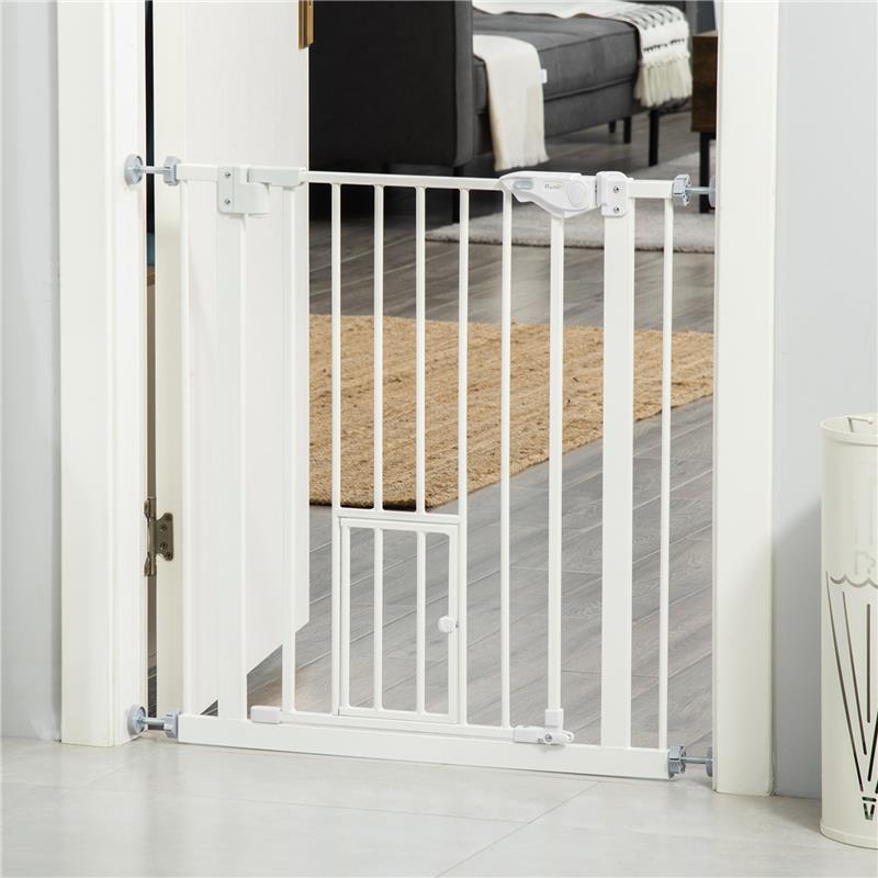 CANCELLINO PER CANI CON PORTA PICCOLA, MONTAGGIO A PRESSIONE E CHIUSURA AUTOMATICA, 74-80X76.2CM, BIANCO