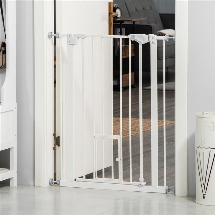 CANCELLETTO PER CANI CON PORTA PICCOLA, MONTAGGIO A PRESSIONE E CHIUSURA AUTOMATICA, 74-80X91.4CM, BIANCO