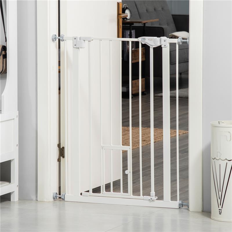 CANCELLETTO PER CANI CON PORTA PICCOLA, MONTAGGIO A PRESSIONE E CHIUSURA AUTOMATICA, 74-80X91.4CM, BIANCO