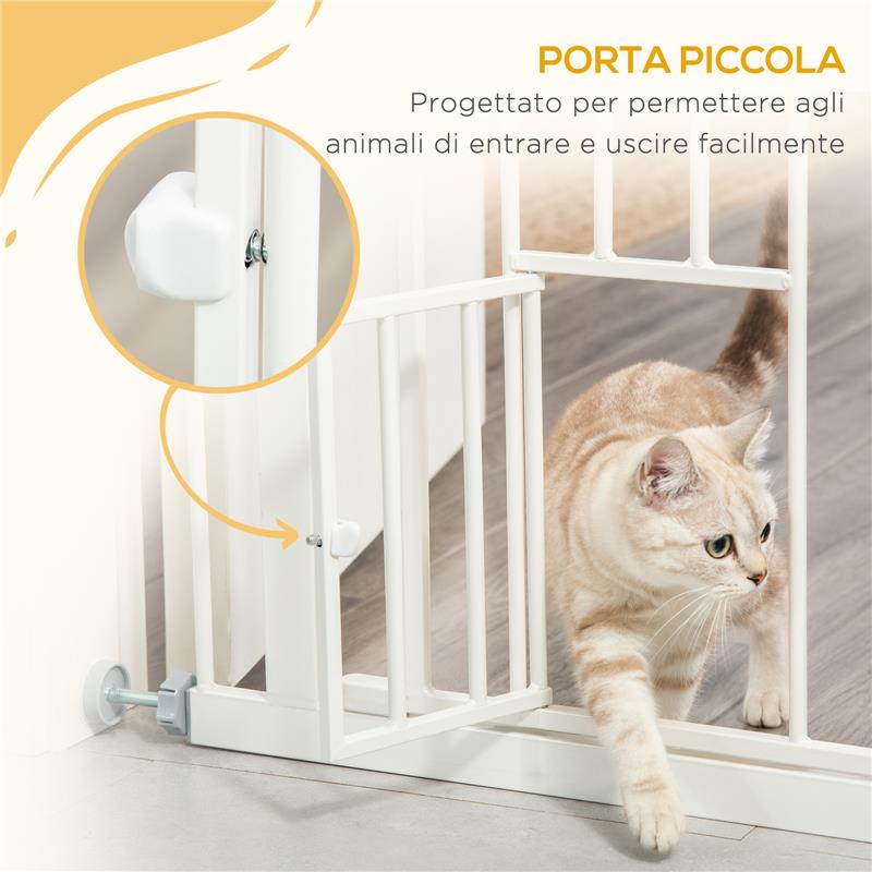 CANCELLETTO PER CANI CON PORTA PICCOLA, MONTAGGIO A PRESSIONE E CHIUSURA AUTOMATICA, 74-80X91.4CM, BIANCO