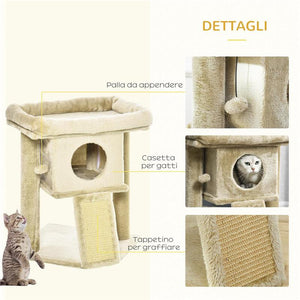 ALBERO PER GATTI IN PELUCHE CON CASETTA PER GATTI E LETTINO, TIRAGRAFFI IN JUTA E PALLINA, MARRONE